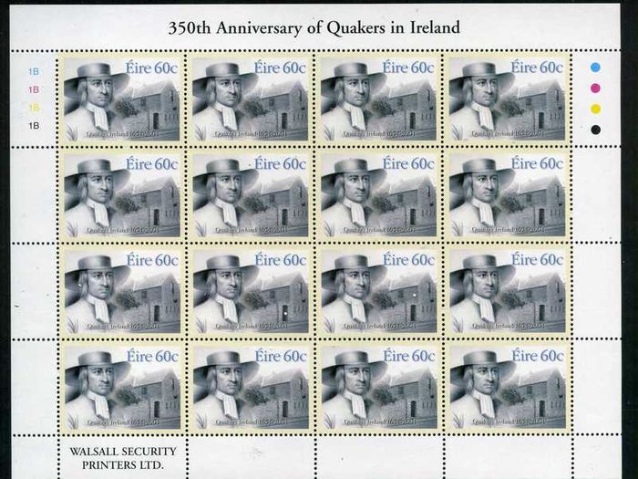 2004 Ireland 350th Anniversary of Quakers in Ireland Commemorative Stamp Sheetlet Plate 1B1B1B1B Mint Never Hinged (MNH)