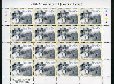 2004 Ireland 350th Anniversary of Quakers in Ireland Commemorative Stamp Sheetlet Plate 1B1B1B1B Mint Never Hinged (MNH)