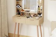 Dressing Table with Mirror and Lights, 3 Color Modes &amp; Adjustable Brightness Modern Makeup Desk, Fluted Vanity Desk with 2 Drawers and 5 Storage Shelves, Bedroom Small Vanity Table