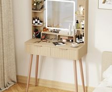 Dressing Table with Mirror and Lights, 3 Color Modes & Adjustable Brightness Modern Makeup Desk, Fluted Vanity Desk with 2 Drawers and 5 Storage Shelves, Bedroom Small Vanity Table