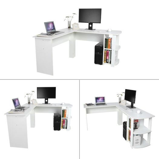 _Utility Wooden Office Computer Writing Desk Home Gaming PC Furnitur L-Shape Corner Study Computer Table With Book Shelf (white)
