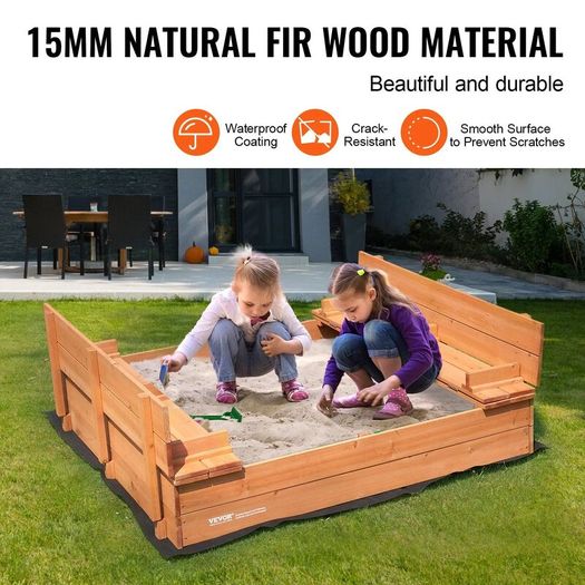 Wooden Sandbox Sand Pit with Foldable Bench Seats and Bottom Liner, Natural Wood Kids Sandbox for Outdoor Backyard