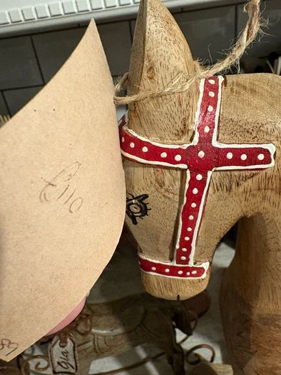 New vintage inspired 45cm high hand carved horse on wheels with washed wood finish