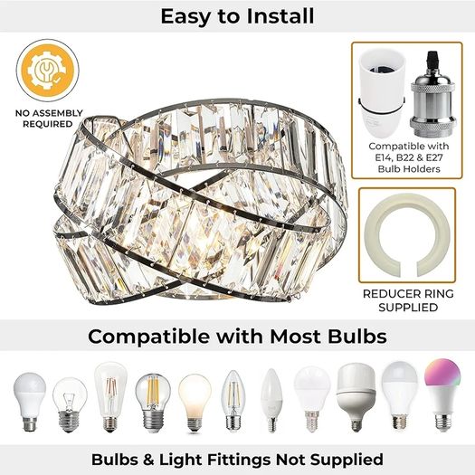 Chrome Light Shade with Clear Acrylic Crystals 19cm x 29cm, Lampshades for Ceiling Lights, Interwoven Rings Pendant Light Shade, Lamp Shades for Bedroom, Living Room, Kitchen, Hallway