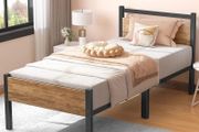 Single Bed Frames with Wood Headboard 31.5cm Metal Platform Bed Frame with Storage Sturdy Non-Slip Without Noise No Box Spring Needed Black &amp; Rustic Brown
