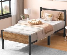 Single Bed Frames with Wood Headboard 31.5cm Metal Platform Bed Frame with Storage Sturdy Non-Slip Without Noise No Box Spring Needed Black & Rustic Brown