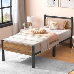 Single Bed Frames with Wood Headboard 31.5cm Metal Platform Bed Frame with Storage Sturdy Non-Slip Without Noise No Box Spring Needed Black & Rustic Brown