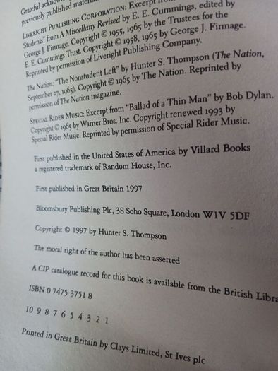 Hunter S Thompson/ The Proud Highway/ Fear & Loathing Letters,Vol. 1/ 1955- 1967/Bloomsbury/1997/ 1st edition
