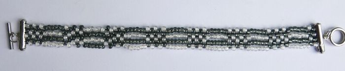 Kumihimo Seed Bead Bracelet: Black, White,  Silver Clasp