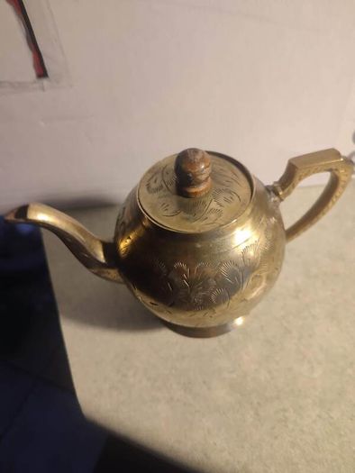 SMALL BRASS TEA Pot Antique Tea Kettle Handle Brass Made Wooden Teapot Lid Hand Handmade