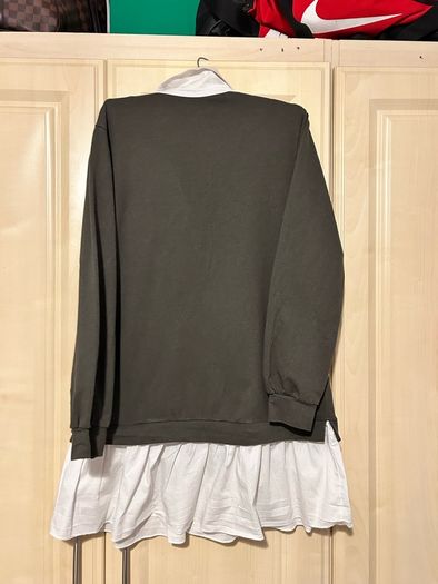 Khaki green jumper dress with white trim