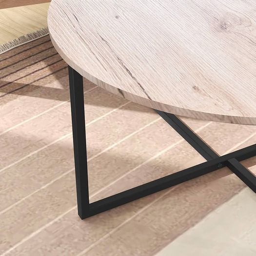SALE | Round Coffee Table Tea Table Round Coffee Table for Living Room with Metal Legs, Black+White oak