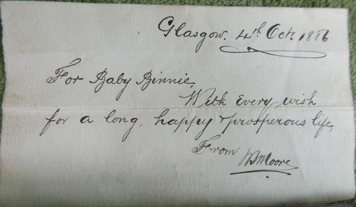 Antique Sterling Silver Christening Spoon by James Crichton & Sons of Glasgow, presented in its Original Velvet-lined Box. with original handwritten note from Glasgow dated October 4, 1886.