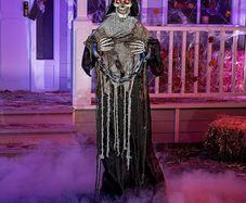 69inch Halloween Animated Grim Reaper Decoration with Chain, Life Size Skeleton with Light-up Eyes Creepy Sound Sound Activated for Halloween Haunted House Prop Outdoor Indoor Lawn Decorations