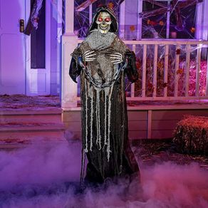 69inch Halloween Animated Grim Reaper Decoration with Chain, Life Size Skeleton with Light-up Eyes Creepy Sound Sound Activated for Halloween Haunted House Prop Outdoor Indoor Lawn Decorations