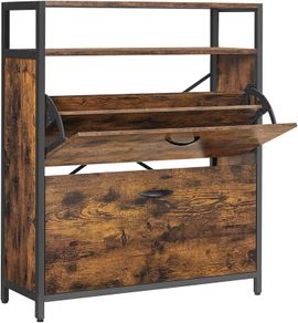 Shoe Cabinet with 4 Doors, Storage Cabinet, Open Compartments, Adjustable Dividers, for Entrance, 12-20 Pairs, 98.3 x 30 x 95 cm, Rustic Brown and Black