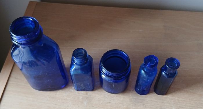 Lot of 5 vintage blue glass bottle