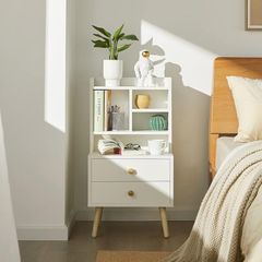 Bedside Table Elegant End Table White Storage Shelves and 2 Drawers