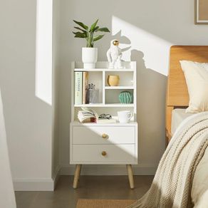Bedside Table Elegant End Table White Storage Shelves and 2 Drawers