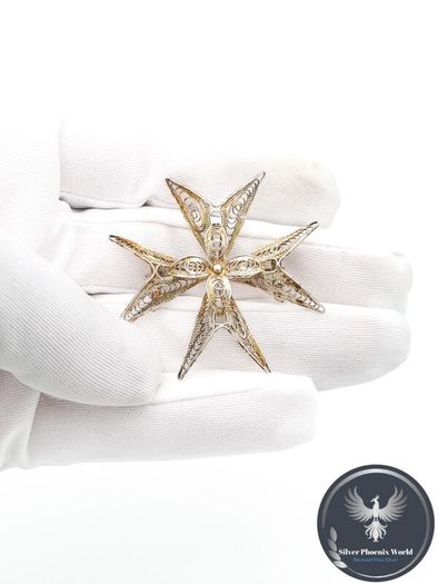 Vintage Sterling Silver Filigree Malta Cross Brooch