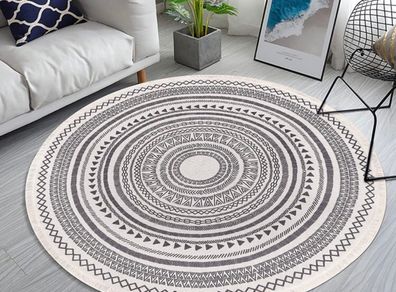 Moroccan Rug Round Grey 120cm Cotton Area Rug Washable Printed Round Area Rug Large with Tassels (MULTIPLE DESIGNS)