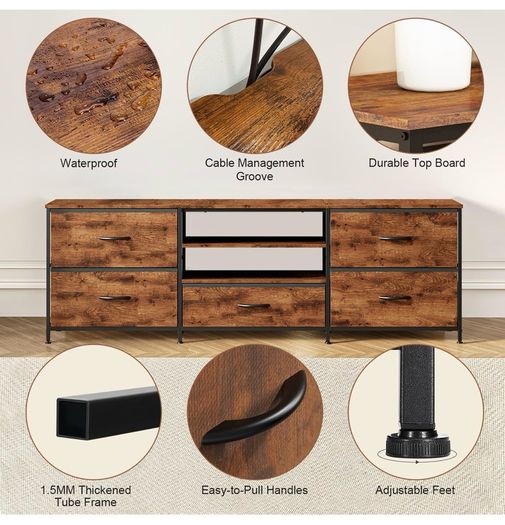 TV Stand Cabinet, TV Unit with 5 Drawers, 140 cm, Brown TV Console Table with Storage Organizers, Entertainment Center with Open Shelf for Living Room, Bedroom