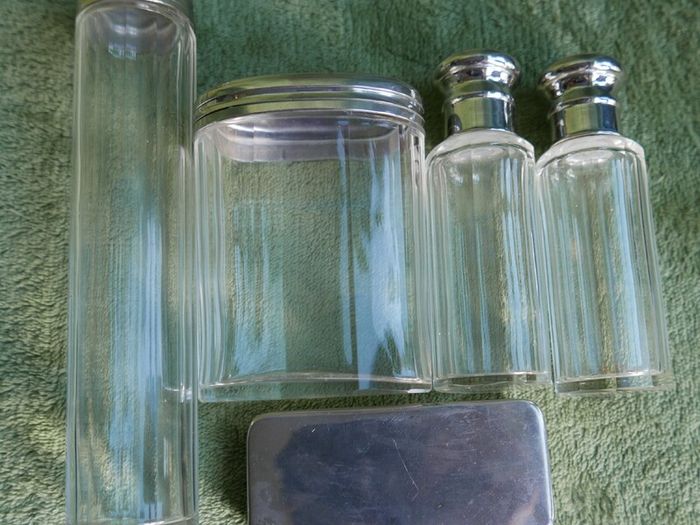 Antique Edwardian 1800s Set 5  Apothecary Bottles Ground-Glass Stoppers, Glass Vanity Pin Bottles Jars