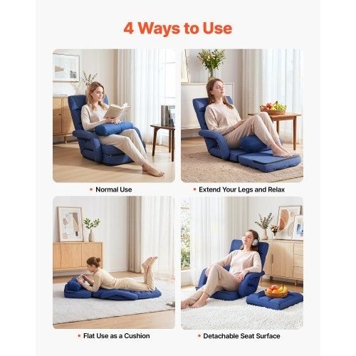 Floor Chair, 5 Adjustable Positions Folding Floor Gaming Chair with Back Support, Armrests, and Cushion, Sturdy Metal Frame with Recycled Foam and Linen Fabric, for Reading, Relaxing, Dark Blue