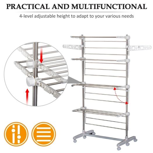 4-Layer Folding Cloth Rail, Adjustable Garment Rack with Wheels for Bedroom, Balcony, Silver
