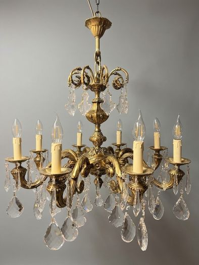 French Eight-Arm Brass & Crystal Chandelier