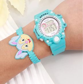 Girls Children Student Blue Women Lady Clock Calendar Silica Gel Cartoon Cute Rabbit Bracelet Quartz Wrist Watch