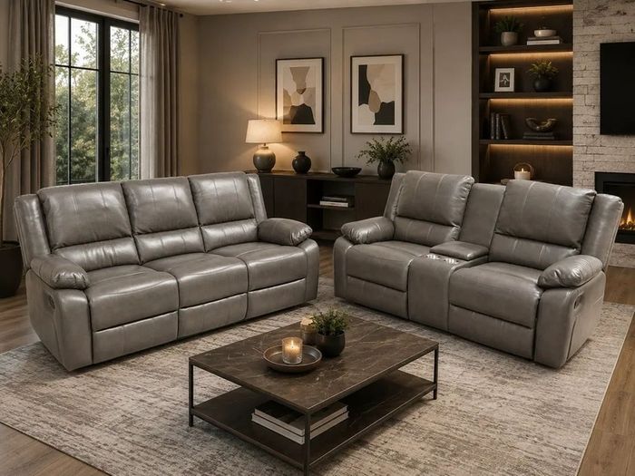 New 3+2 Or 3+1+1 Leather Recliner In Grey And Black