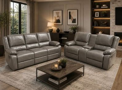 New 3+2 Or 3+1+1 Leather Recliner In Grey And Black