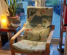Pair of IKEA Poang Bouncy Armchairs with Unique Handmade Covers in Vintage IKEA Fabric, Plus One Footstool (Minus the Cushion Part) - Plenty of Bounce Left in These Chairs, Price for All !!