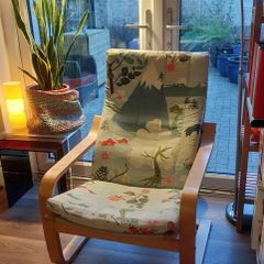 Pair of IKEA Poang Bouncy Armchairs with Unique Handmade Covers in Vintage IKEA Fabric, Plus One Footstool (Minus the Cushion Part) - Plenty of Bounce Left in These Chairs, Price for All !!