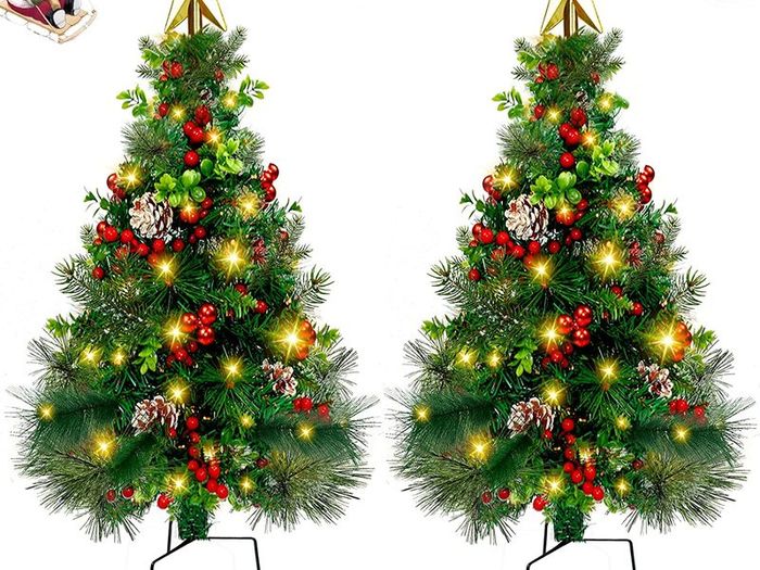 2pcs Outdoor Christmas Tree with Lights Clearance Pre-Lit Artificial Christmas Trees Pathway Small Xmas Trees Battery Operated Lights for Front Door, Grave, Entryway Xmas Outside(85cm)