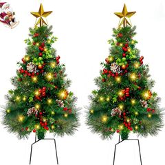 2pcs Outdoor Christmas Tree with Lights Clearance Pre-Lit Artificial Christmas Trees Pathway Small Xmas Trees Battery Operated Lights for Front Door, Grave, Entryway Xmas Outside(85cm)