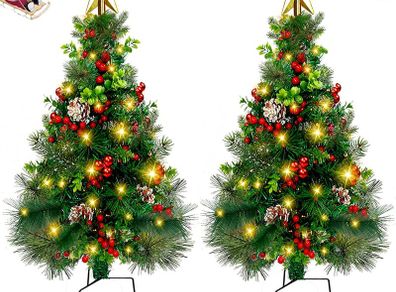 2pcs Outdoor Christmas Tree with Lights Clearance Pre-Lit Artificial Christmas Trees Pathway Small Xmas Trees Battery Operated Lights for Front Door, Grave, Entryway Xmas Outside(85cm)