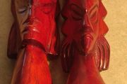 2x wooden sculptures, vintage hand carved wood busts of Fijian man and woman