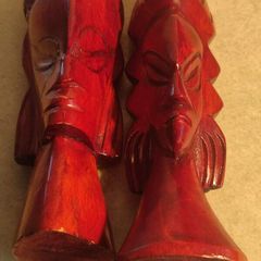 2x wooden sculptures, vintage hand carved wood busts of Fijian man and woman