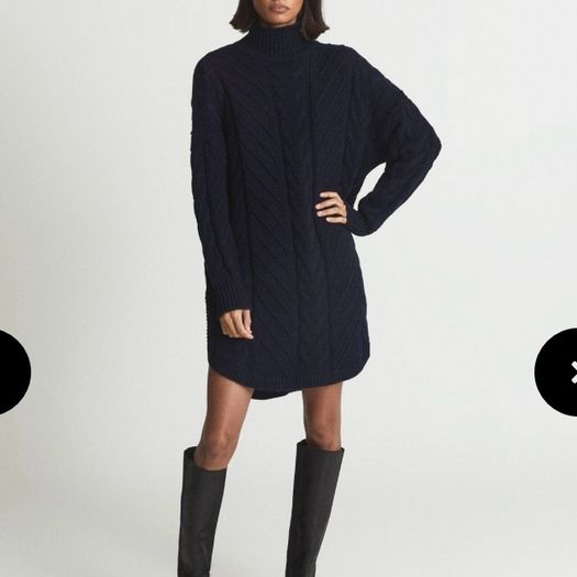 REISS Laura Navy Blue Cable Knit Wool Blend Sweater Dress Tunic Mock Neck Size M
