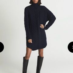 REISS Laura Navy Blue Cable Knit Wool Blend Sweater Dress Tunic Mock Neck Size M