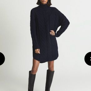 REISS Laura Navy Blue Cable Knit Wool Blend Sweater Dress Tunic Mock Neck Size M