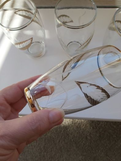 Vintage drinking glassware leaf pattern Engraved with Gold Trim