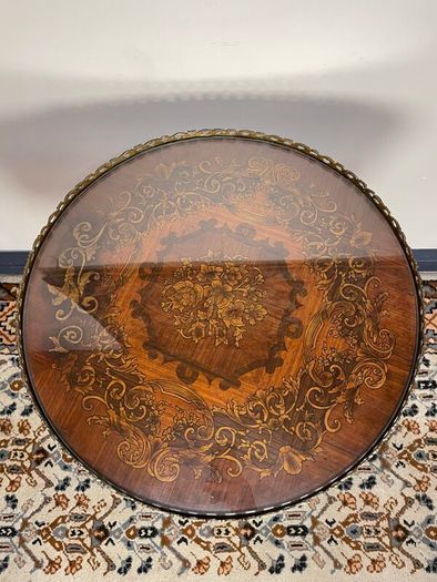 French Style Marquetry & Brass Round Centre Table , Cherub Motifs & Glass Top