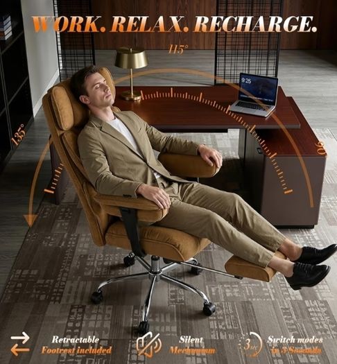 Big and Tall Office Chair 200kg, Heavy Duty Fabric Executive Desk Chair with Footrest, High Back Ergonomic Computer Chair, Reclining Home Office Chair with Thick Padding, Yellow