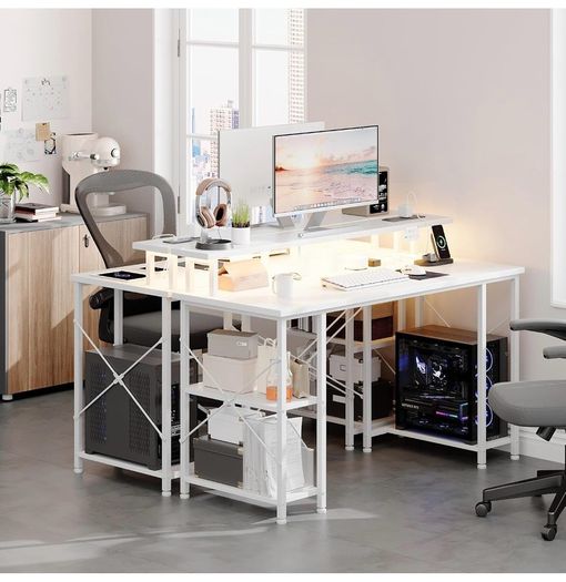 120x50cm Gaming Desk with LED Lights & Power Outlets,White Storage Shelves, Dual Monitor Stand, Home Office & Study, Work from Home, Bedroom, Small Spaces, Dorm, Space-Saving, Students