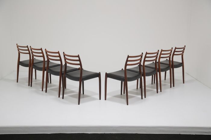 Vintage Set of 8 Rosewood and Leather Dining Chairs Model 78 by Niels Otto Moller, 1960s