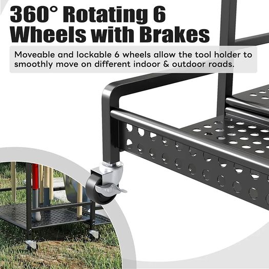 Garden Tool Tower Storage Rack 360 Rotating Garden Tool Holder Stand Storage Organizer Shelf with 6 Wheels Heavy Duty Rolling Tool Cart for Lawn Garage Shed Workshop Patios