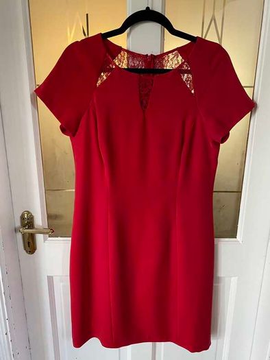 Coast dress, red with lace inset detail, Size 14, above-knee length, VGC